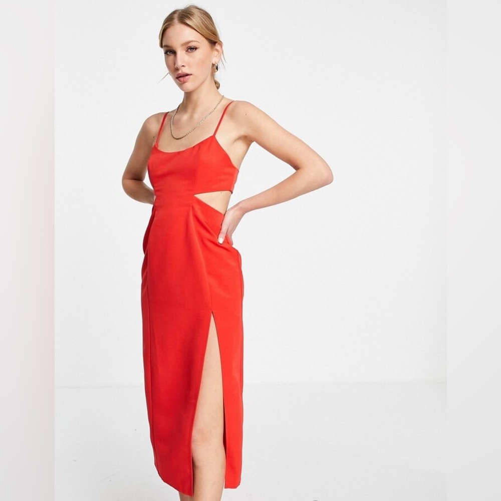 ASOS Red Sheath Midi Dress with Cutout Spaghetti Straps - Picture 2 of 6